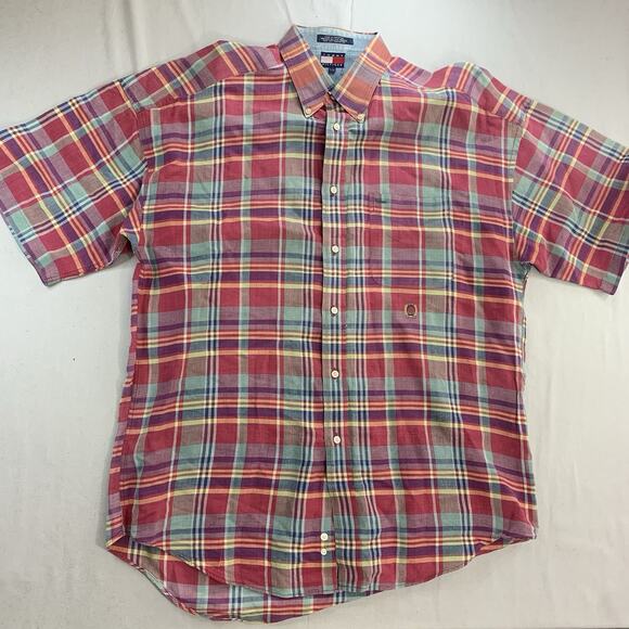 Tommy Hilfiger Classic Fit Short Sleeve Button Down Shirt Men's L Colorful Plaid - Picture 1 of 9